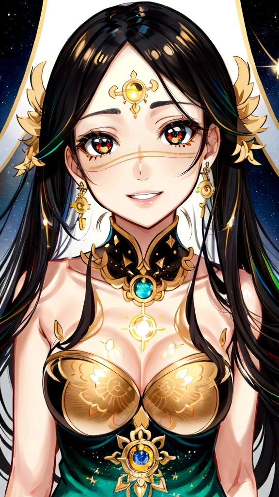 black hair, asymmetrical hair, gradient hair, multicolored eyes, mismatched pupils, longeyelashes, earrings, sleepy, fingersmile, expressions, smiley, glint, laughing, Surrealism, Conceptual art, anime, sparkle, tachi-e, 8k, super detail, UHD, masterpiece, accurate, anatomically correct, textured skin, super detail, high details, high quality, award winning, best quality, highres、“Create an image of a beautiful girl representing the Gemini zodiac sign. The theme colors should be blue and green. Ensure that the Gemini zodiac symbol ♊️ is included in the image. The girl should have an elegant and enchanting appearance, reflecting the traits of Gemini.”