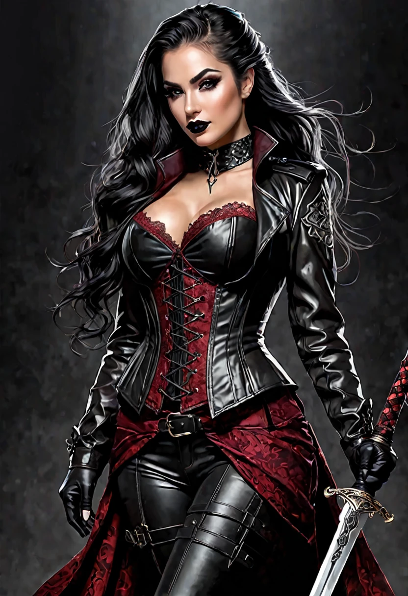 /imagine prompt: A vertical image showcasing Marionne Darkmoon, a demon huntress exuding elegance and power, aged 30, with impeccable beauty, black lips, eyes accentuated with black liner and dark eyeshadows, long wavy hair styled in a high ponytail, clad in a long gothic wine trench coat over a red and black lace corset, vinyl fitted pants with a tactical bag on her right leg, carrying a massive sword on her back in a sheath, against a black backdrop with a soft light enhancing her aura, Illustration, digital art with detailed textures, --ar 9:16 --v 5