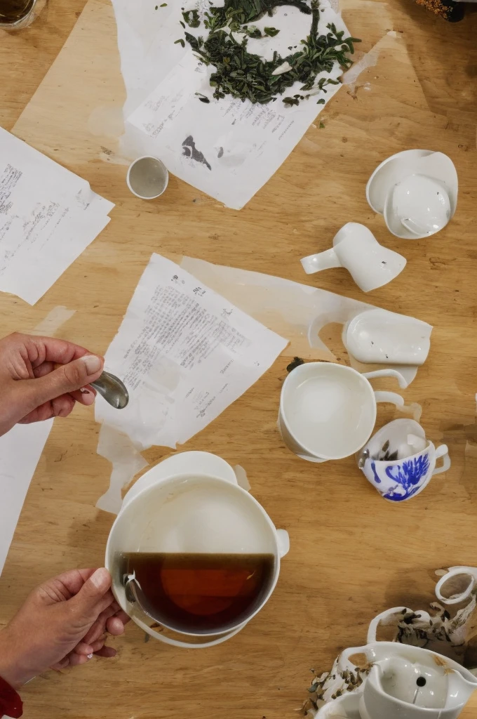 7-panel illustration, simple lines, making Chinese tea 1. Preparing equipment Draw a neat picture of a teapot, teacup, tea leaves, kettle, and measuring spoon. 2. Draw a picture of pouring warm water into the teapot and teacup. By letting steam come out. Then draw a picture of pouring hot water away. 3. Add tea leaves. Draw a picture of using a spoon to measure tea. The leaves are then put into the teapot. Display the right amount of tea leaves, 4. Boiling water to the right temperature Draw a picture of boiling water in a kettle. With a thermometer showing the appropriate temperature for each type of tea. (such as green tea 70-80 degrees Celsius), 6. Pouring hot water down in the teapot Draw a picture of pouring hot water into a teapot with tea leaves and show the appropriate extraction time according to the type of tea. Pouring tea from the teapot Draw a picture of pouring tea from a teapot into a tea cup. Show the tea filling the cup and stopping extraction. 7. Enjoy drinking tea. Draw a picture of a happy person drinking tea. Along with showing the vapor coming out of the tea cup and the calm and relaxed mood.