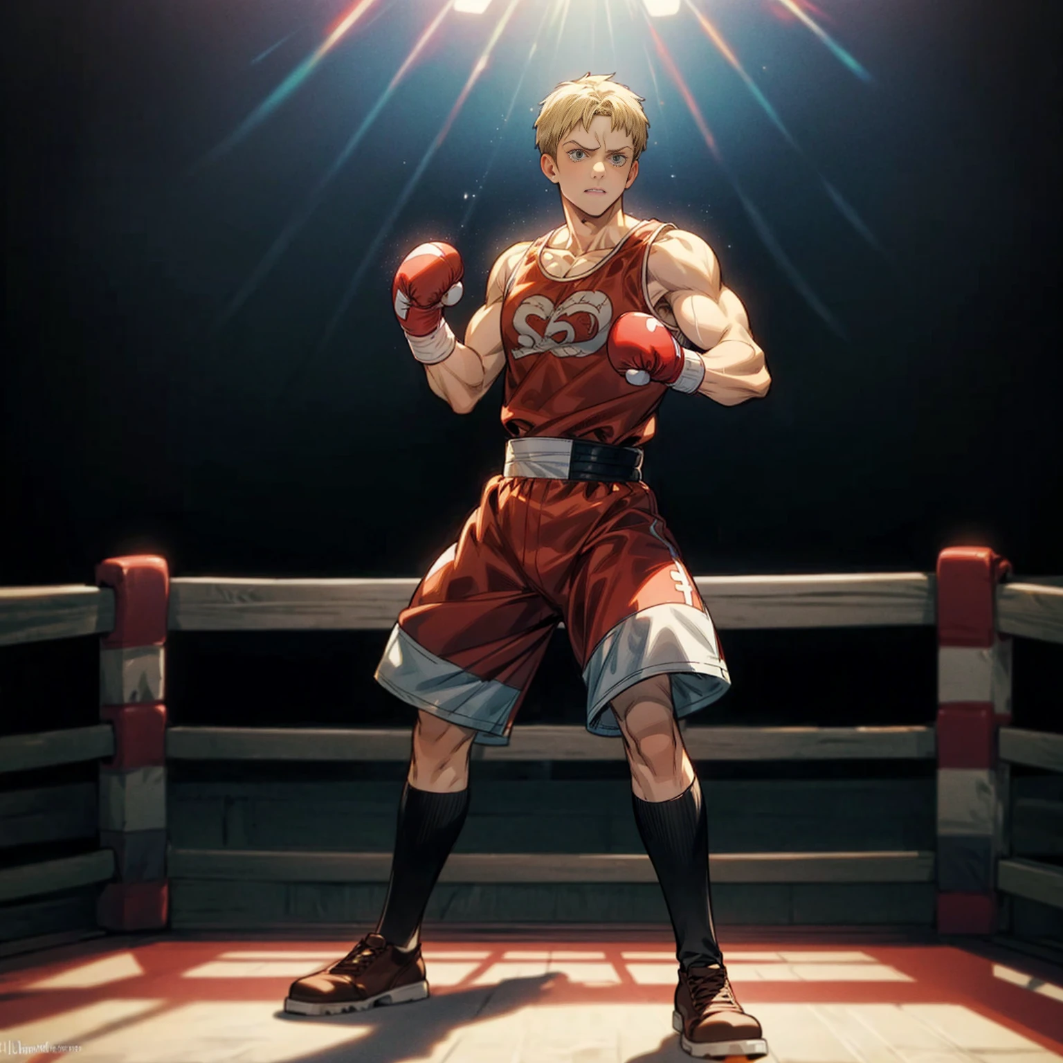 1boy, Full body version, 1character, blue eyes color, tan skin, short hairstyle, blonde colour hair, muscle, Boxing outfit clothing, boots, Grassroots background in ring boxing, motion blur, (one piece style art), shadow, no weapon, boxing gloves