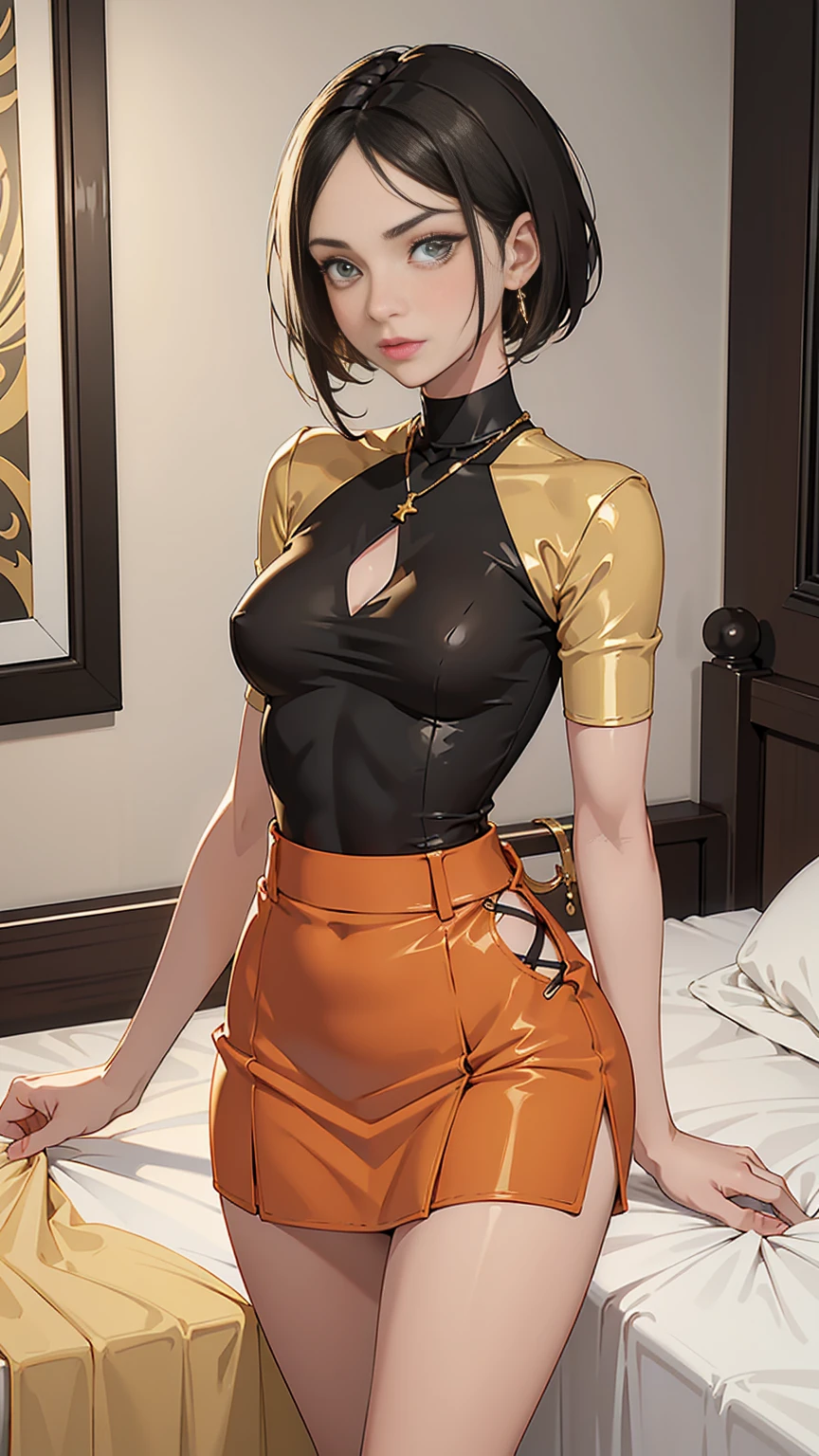 Beautiful woman with short straight black hair with green eyes wearing Orange Tight Skirt, Sexy Criss Cross Mock Neck Short Sleeves White Blouse, luxurious jewelry, 18k gold wedding ring on left hand, standing in her bedroom at night, (caucasian skin), (light brown lipstick), (elegant mascara), (slim body), (small breasts), (wide hips), midjourney, <lora:GoodHands-, <lora:GoodLegs-, UHD, high resolution, (expressive eyes, perfect face, full body, expressive face, perfect body, perfect pussy, athletic, fit, slim body, blushing, Perfect makeup, eyeliner, beautiful eyelashes, smiling, horny face), ((best illumination, best shadows)), ((sexy pose))