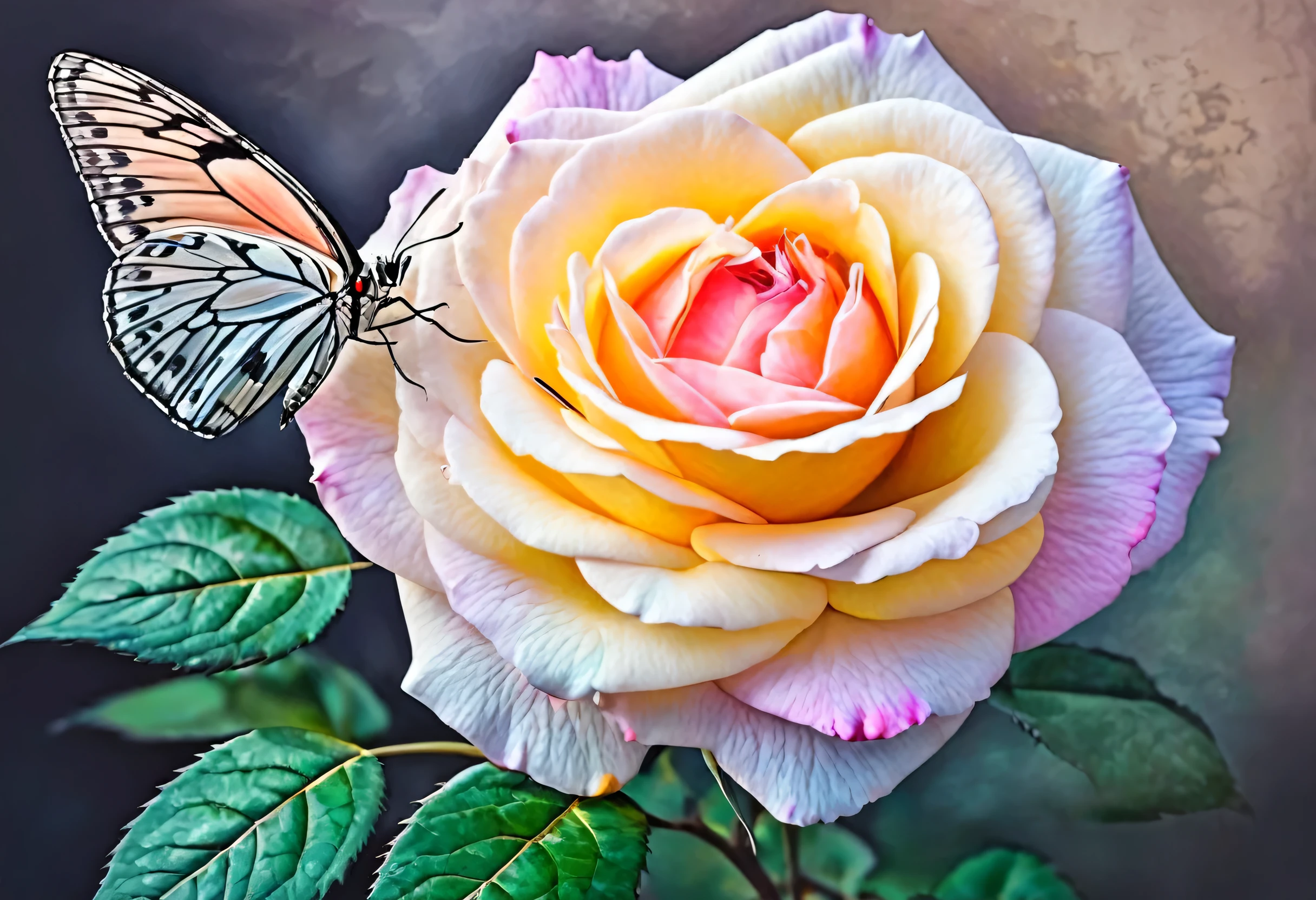 there are two rose that are in the picture with a butterfly, Airbrush painting by Nelson Alexander Ross, instagramart, Romanticism, bionde, Magical colorful flowers, rose, ✏️🎨, with beautiful colors, Magic Flower, beautiful colorful, beautiful image, ❤🔥🍄🌪, beautiful, Colorful flowers, Colorful images, beautiful flowers, pastel rose