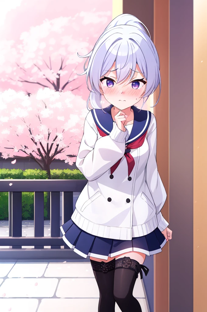 ((( masterpiece, Highest quality))), ((girl)),、Browsing Caution、at close range、cute、White Hair、Long Hair、Blue right eye、 Purple left eye、 ponytail、Black long coat,、Check skirt、Put your hands on your crotch：1.4、Knee socks vibrator thigh vibrator, Black lace panties、Life、anger、anger look、anger、((close)), ((Blushed)),,,Sweat、Perfect lighting、Natural light、Perfect composition、school gate、cherry blossoms