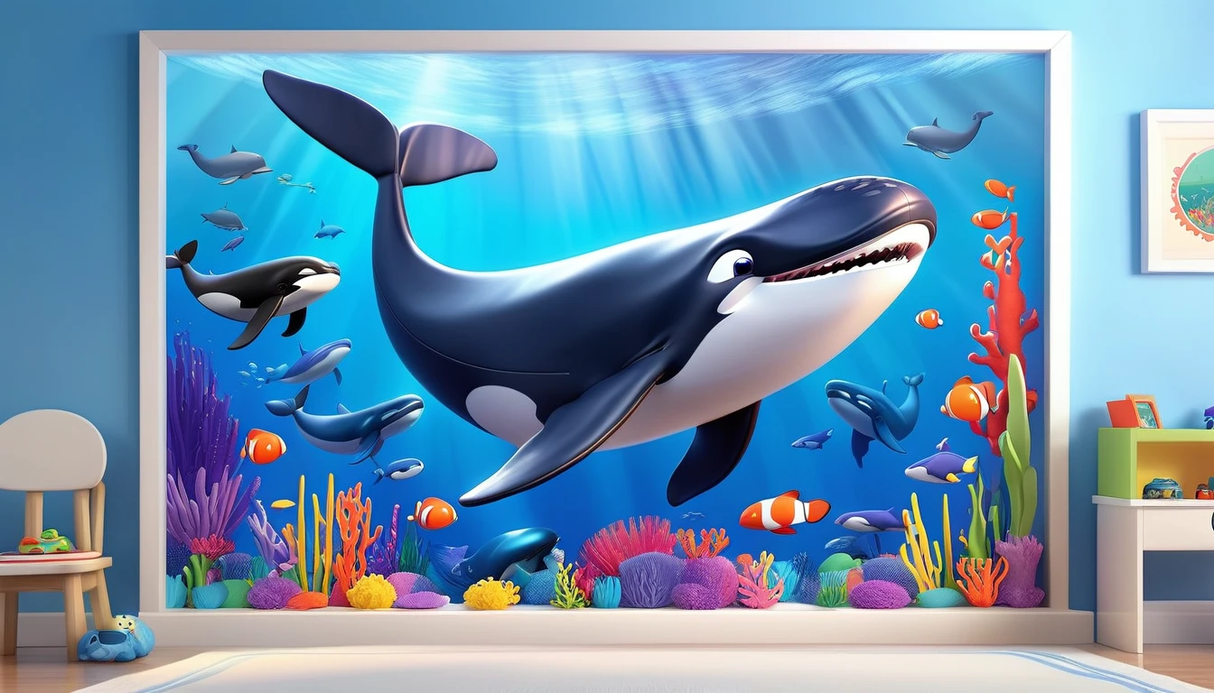 Create a 3-D Pixar style art scene for kids featuring various whales like blue whales, humpback whales, and orcas. The scene should be colorful and vibrant, with an ocean background, coral reefs, and schools of fish. The overall mood should be engaging and inviting for young children.