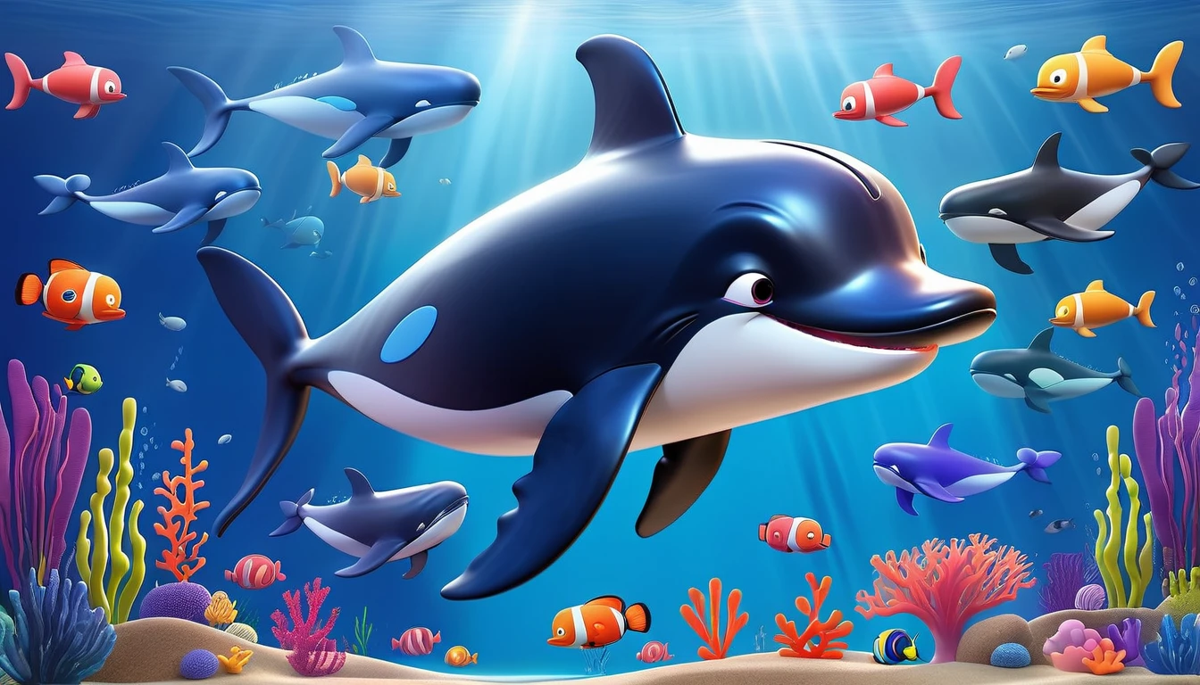 Create a 3-D Pixar style art scene for kids featuring various whales like blue whales, humpback whales, and orcas. The scene should be colorful and vibrant, with an ocean background, coral reefs, and schools of fish. The overall mood should be engaging and inviting for young children.