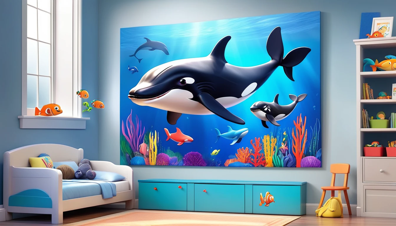Create a 3-D Pixar style art scene for kids featuring various whales like blue whales, humpback whales, and orcas. The scene should be colorful and vibrant, with an ocean background, coral reefs, and schools of fish. The overall mood should be engaging and inviting for young children.