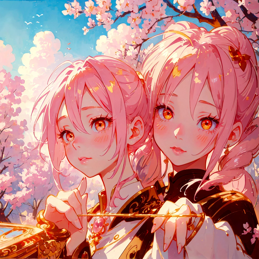 Close-up of a beautiful girl with pink hair and golden eyes，Double ponytails，Long eyelashes，Golden eye shadow，A light blush on the lips。Her hands touch her face，Her fingers are slender，And beautiful long nails。Pastel colors are used for surreal portraiture and fantasy illustrations。Ethereal background provides a cute cartoon design，Gently illuminates the dreamlike picture，Digital art technique showing detailed brush strokes in high resolution in the style of a fantasy illustrator
