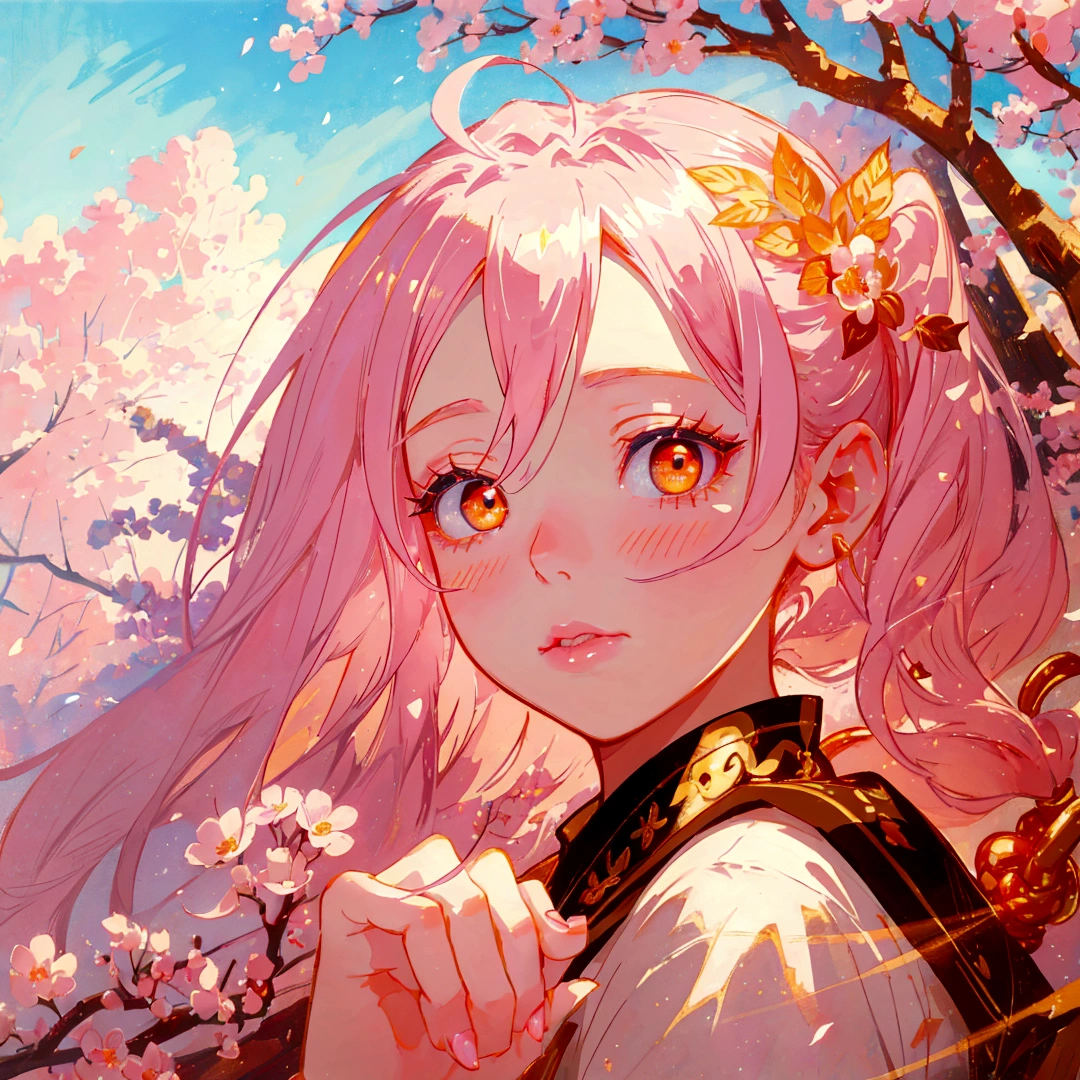 Close-up of a beautiful girl with pink hair and golden eyes,Double ponytails,Long eyelashes,Golden eye shadow,A light blush on the lips。Her hands touch her face,Her fingers are slender,And beautiful long nails。Pastel colors are used for surreal portraiture and fantasy illustrations。Ethereal background provides a cute cartoon design,Gently illuminates the dreamlike picture,Digital art technique showing detailed brush strokes in high resolution in the style of a fantasy illustrator