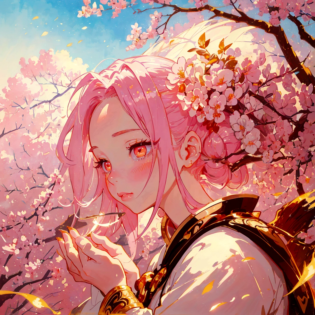Close-up of a beautiful girl with pink hair and golden eyes,Double ponytails,Long eyelashes,Golden eye shadow,A light blush on the lips。Her hands touch her face,Her fingers are slender,And beautiful long nails。Pastel colors are used for surreal portraiture and fantasy illustrations。Ethereal background provides a cute cartoon design,Gently illuminates the dreamlike picture,Digital art technique showing detailed brush strokes in high resolution in the style of a fantasy illustrator
