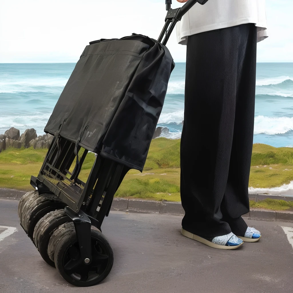 Someone was pushing a cart with a large bag on it., Close to the sea, Powerful details, Side view, Super detailed, Wide and high angle views, Standing near the beach, in a seaside environment, Extremely detailed, Extremely detailed, Super detailed, Detailed wide angle shot, Surrealism, Detailed enlargement of photo, seaside, Realistic and lifelike images, Ultra Detailed