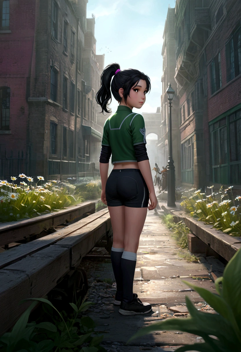 young 9-year-old daughter of severus snape,((highest quality)),(ultra high resolution),(Super detailed),(detailed description),((best CG)),(best work of art) ,black hair、radiant green GameGirl , (black ponytail) with pink streak highlights, 80's anime style, (flat chest), thighs, hips, small waist, park bench, biker shorts, cloudy day, near train tracks, bike rack, weak wilted plants, cracks in sidewalk, butterflies and daisies, sunlight shining on character, ass