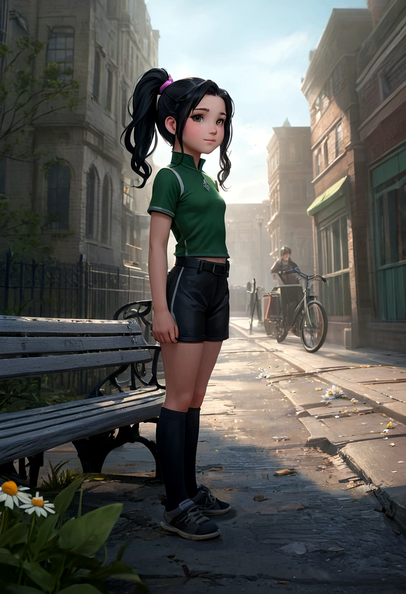 young 9-year-old daughter of severus snape,((highest quality)),(ultra high resolution),(Super detailed),(detailed description),((best CG)),(best work of art) ,black hair、radiant green GameGirl , (black ponytail) with pink streak highlights, 80's anime style, (flat chest), thighs, hips, small waist, park bench, biker shorts, cloudy day, near train tracks, bike rack, weak wilted plants, cracks in sidewalk, butterflies and daisies, sunlight shining on character, ass