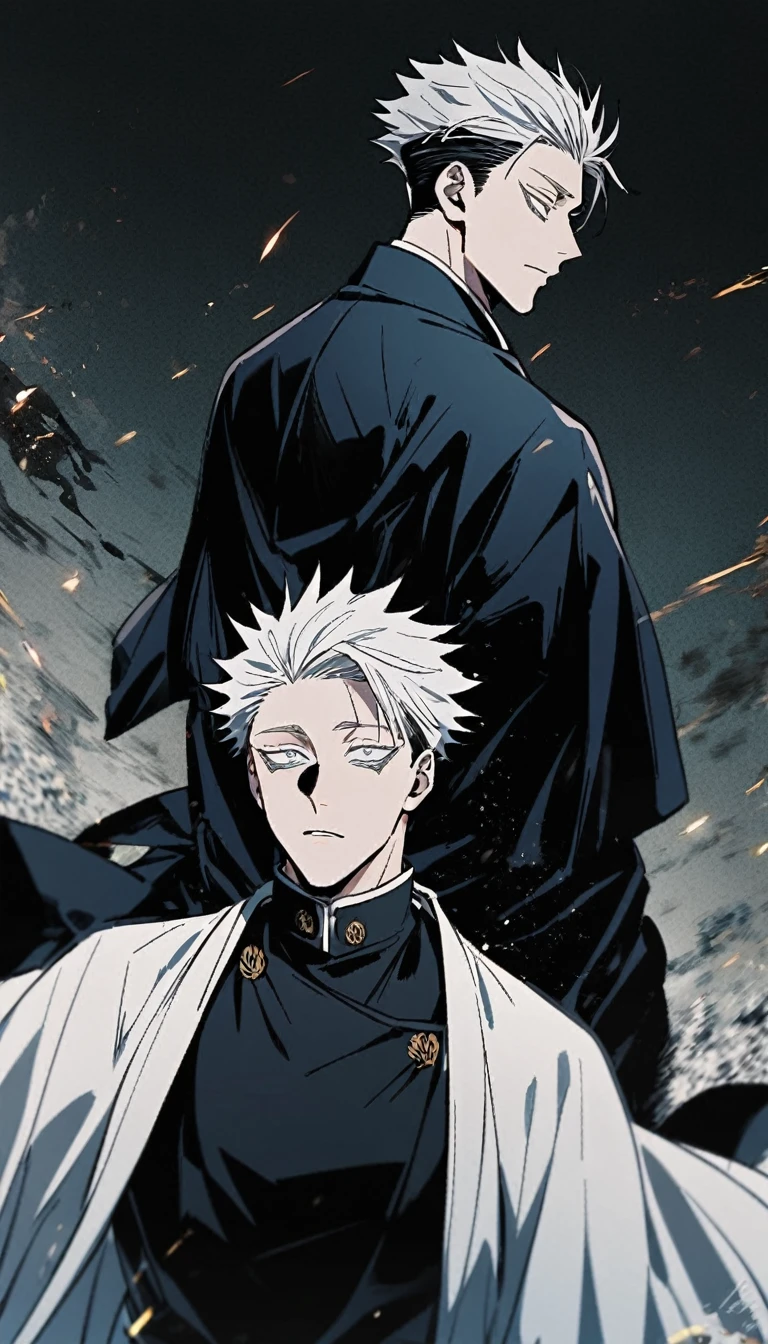 1 male gojo jujutsu Kaisen with formal robes, look towards'Before, background light with black strip