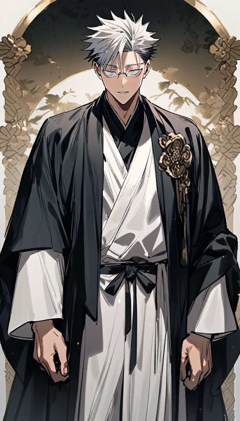 1 male gojo jujutsu Kaisen with formal robes, look towards'Before, background light with black strip