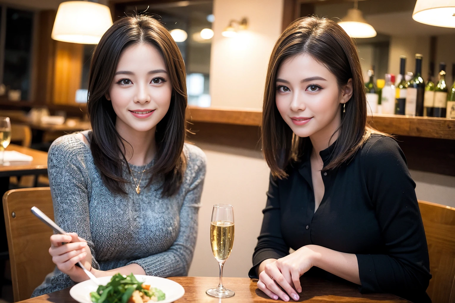 ((Highest quality、8K、masterpiece:1.3))、slimカップル、modelカップル、(Realistic, Intricate details:1.2), full-course dinner、Wine Party、Amazing view of the sunset sky and clouds、A bright smile、The wonderfulness of smile、Bright image、The beauty of wine, Beautiful Face, blue eyes, The light shines on your face, Blushing, short hair,Bright Face、 (Age 42), 39 years old, red wine 、Appetizers、Italian food、Wine bottle、Champagne、sparkling wine、Two beauties、Brown Hair、Shortcuts、Long sleeve shirt、dress、Beautiful woman 1, (slimな顔), (The body is slim), (Brown Hair), (Shortcuts), cheeks turn a little red,Attractive beauty、restaurant, In a prominent place (From the waist up) Nova Frog Style, actress, model, Upper Body, White wine, slim, wine glass, 中央に置かれたwine glass, smile, (smile: 1.15), Beautiful fine grain, Depth f/2,saturation, High Contrast, Strong light and shadow,Moist Body:1.5、3D texture、Delicate eyes、Brown Hair、The hair is very shiny、