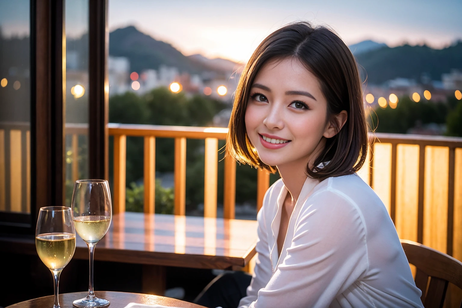 ((Highest quality、8K、masterpiece:1.3))、slimカップル、modelカップル、(Realistic, Intricate details:1.2), full-course dinner、Wine Party、Amazing view of the sunset sky and clouds、A bright smile、The wonderfulness of smile、Bright image、The beauty of wine, Beautiful Face, blue eyes, The light shines on your face, Blushing, short hair,Bright Face、 (Age 42), 39 years old, red wine 、Appetizers、Italian food、Wine bottle、Champagne、sparkling wine、Two beauties、Brown Hair、Shortcuts、Long sleeve shirt、dress、Beautiful woman 1, (slimな顔), (The body is slim), (Brown Hair), (Shortcuts), cheeks turn a little red,Attractive beauty、restaurant, In a prominent place (From the waist up) Nova Frog Style, actress, model, Upper Body, White wine, slim, wine glass, 中央に置かれたwine glass, smile, (smile: 1.15), Beautiful fine grain, Depth f/2,saturation, High Contrast, Strong light and shadow,Moist Body:1.5、3D texture、Delicate eyes、Brown Hair、The hair is very shiny、