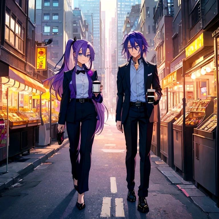 1girl, long asymmetrical purple hair with blue tips, blue eyes, wearing a stylish business suit, walking hurriedly, urban cityscape background, skyscrapers made of colorful candies and sweets, vibrant colors, floating objects around her (watch, smartphone, coffee cup), dynamic pose, busy atmosphere, candy-coated world, high detail, sharp focus, digital art