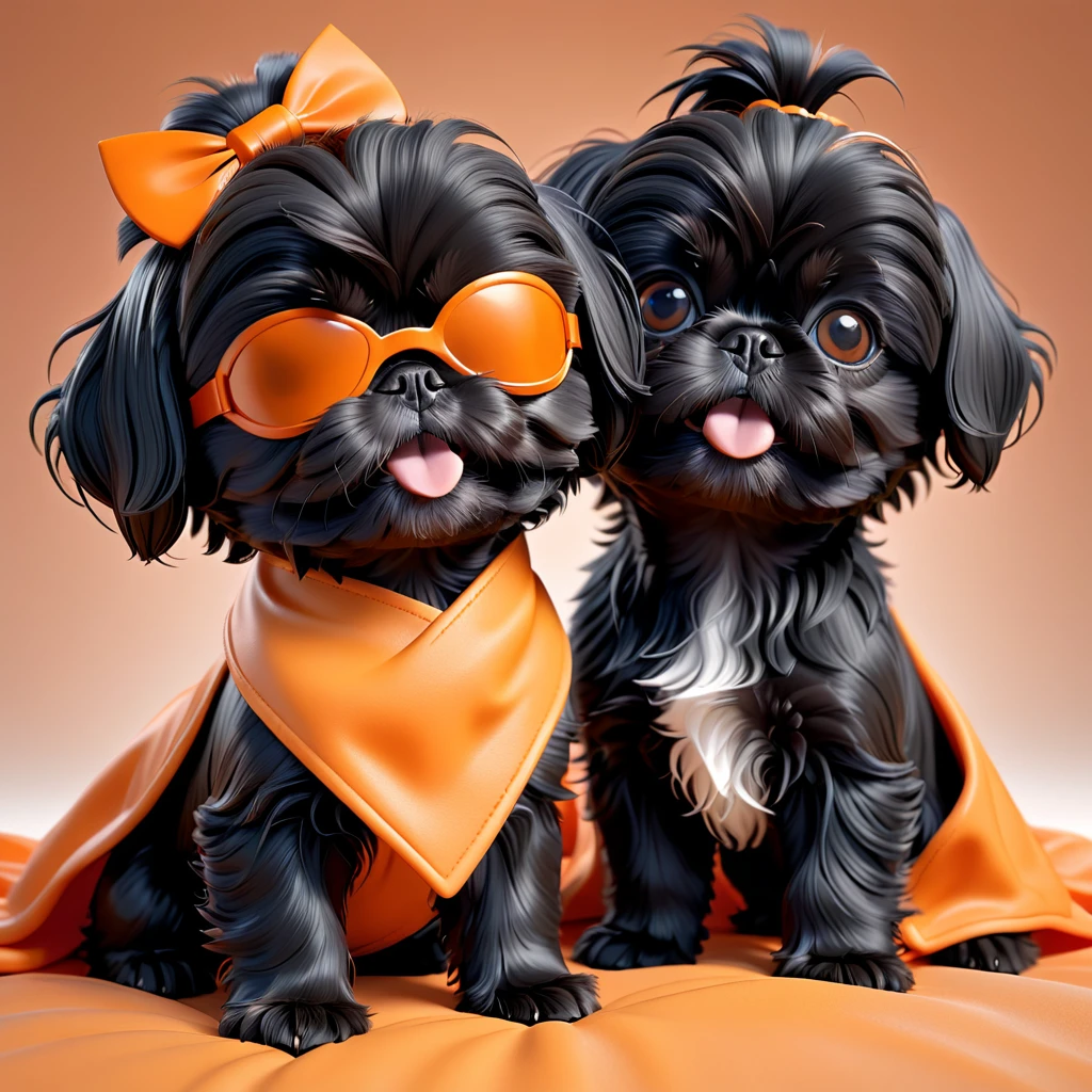 2 Adorable small black Shih Tzu puppies wearing orange sleep mask waking up messy hair 3d cartoon 3d render disney pixar style