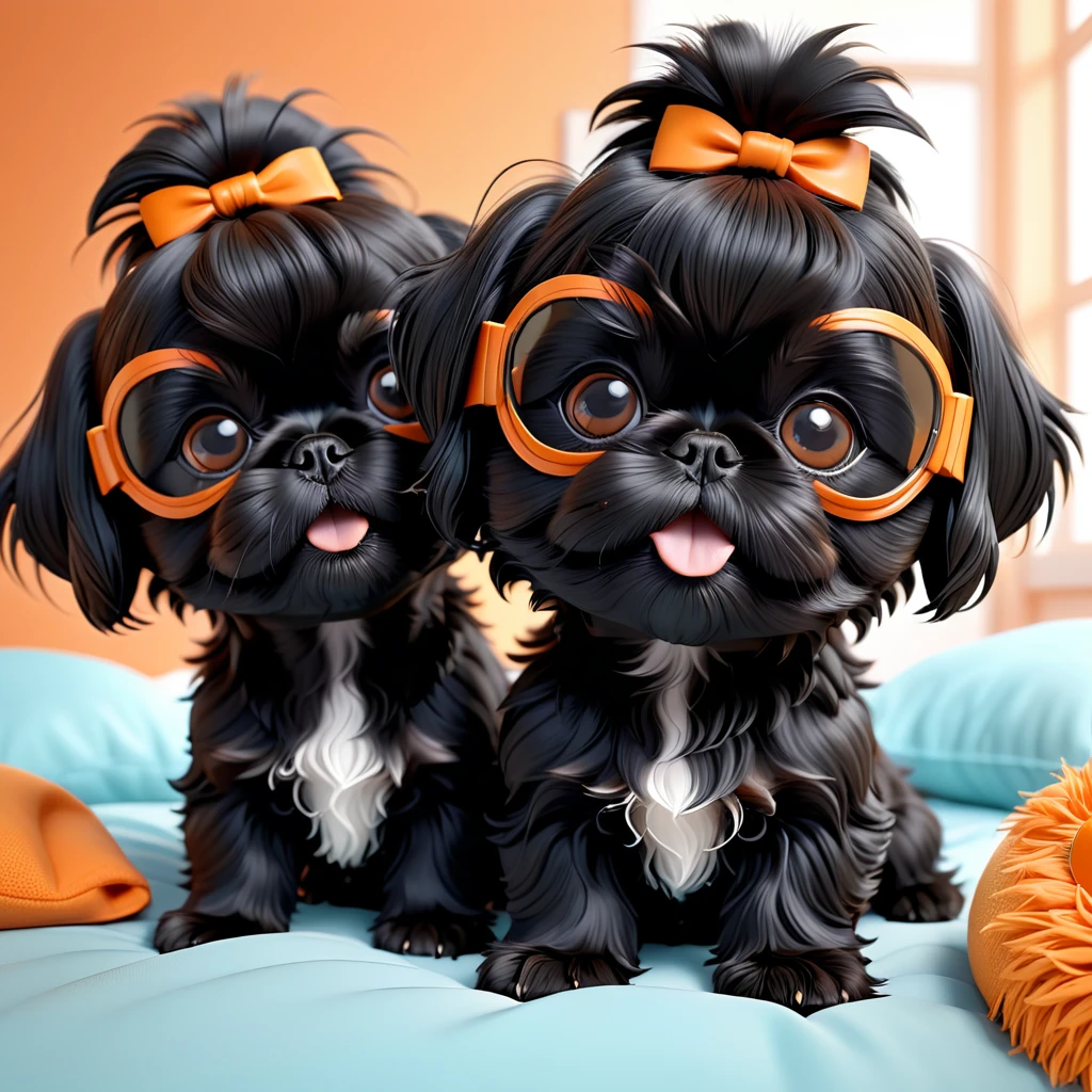 2 Adorable small black Shih Tzu puppies wearing orange sleep mask waking up messy hair 3d cartoon 3d render disney pixar style