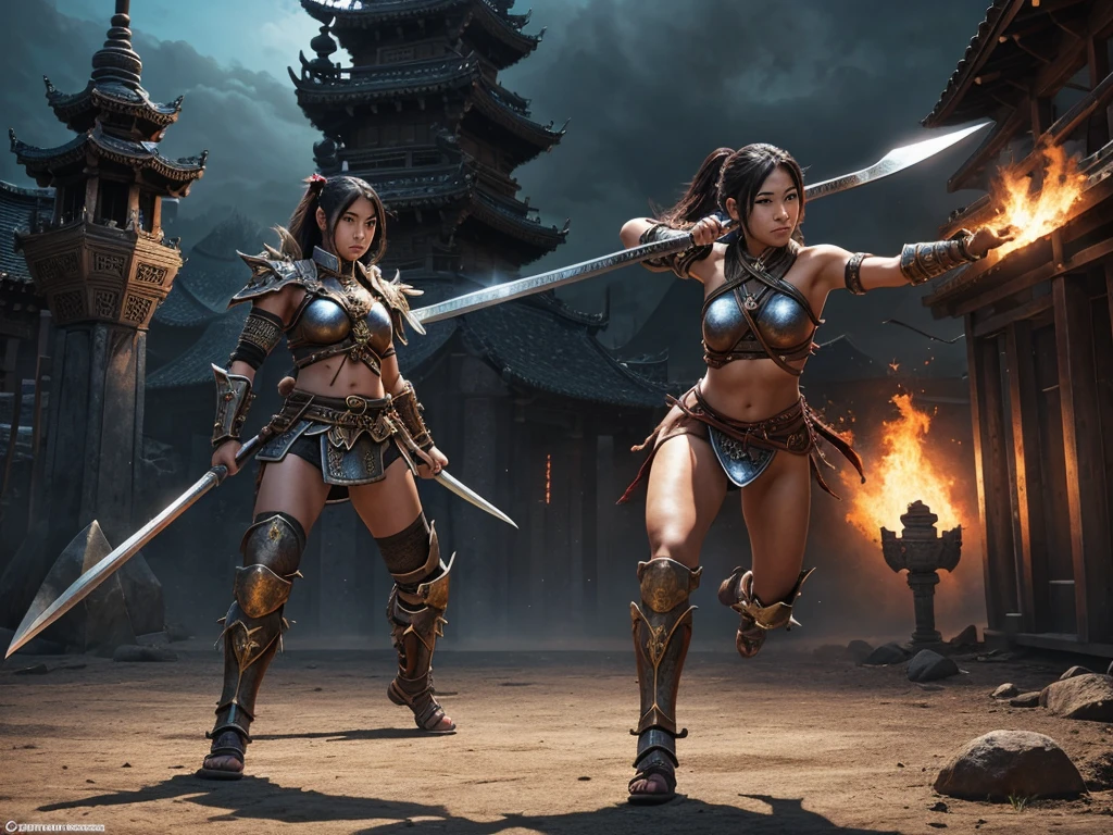 (best quality), detailed background, oriental nobless,warrior girl,combat arts,holding halberd,oni, monster army