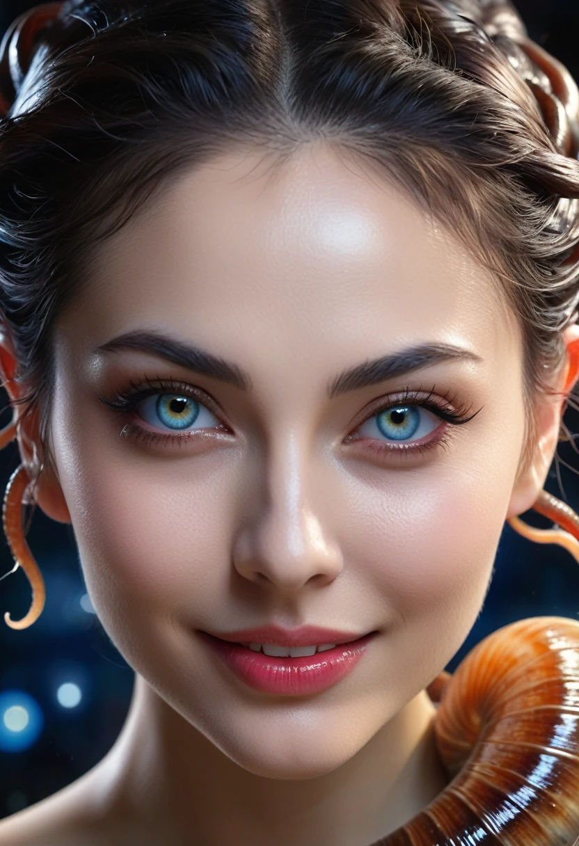 scary and sexy detailed art in color, Portrait, (beautiful and obscene female alien:1.4), (vulgarity1.5), (she has red eyes with no pupils:1.8), (Translucent skin:1.7),  (There is a female genital-like organ in the middle of the forehead:1.9), (The most beautiful face in the history of the universe:1.2),an evil gaze that seduces, (large mouth:1.1), (sharp teeth like a vampire:1.2), Full body portrait, (bio luminescent:1.5), (Smile wickedly:1.3),  (sexypose:1.5), alien, No humans, cells are fused, (Lots of translucent tentacles:1.3) extraterrestrial, cell, bio image, best quality, 8K,In 4K_quality, High freshness, Dramatic Lighting, masutepiece:1.5,cinematic quality, detail up, (exquisite details:1.2), high resolution, High freshness, drawing faithfully, (Thick eyebrows:1.2), Beautiful eyes with fine symmetry,(Highly detailed face and eyes:1.2), Intimate face, (Super detailed skin quality feeling:1.4), perfect anatomy,  (Beautiful toned body:1.5),  (Moist skin:1.2), not wearing makeup, (dark circles:1.1), long canines, cinematic drawing of characters, ultra high quality model, cinematic quality, detail up, (exquisite details:1.2), high resolution, High freshness, drawing faithfully, official art, Unity 8K Wall  , 8K Portrait, best quality, Very high resolution, ultra detailed artistic photography, midnight aura,  unreal engine 5, Ultra Sharp Focus, art by Amano Yoshitaka, ArtGerm, Roisch, intricate artwork, best quality, masterpiece, ultra high resolution, (photos realistic:1.4), ultra realistic realism, dream-like, nautilus, Creation of fantasy, Snail, Dream Snail, (biopunk nautilus:1.3),Thrilling color schemes, ultra realistic realism, seductively smiling, Blue tentacles,