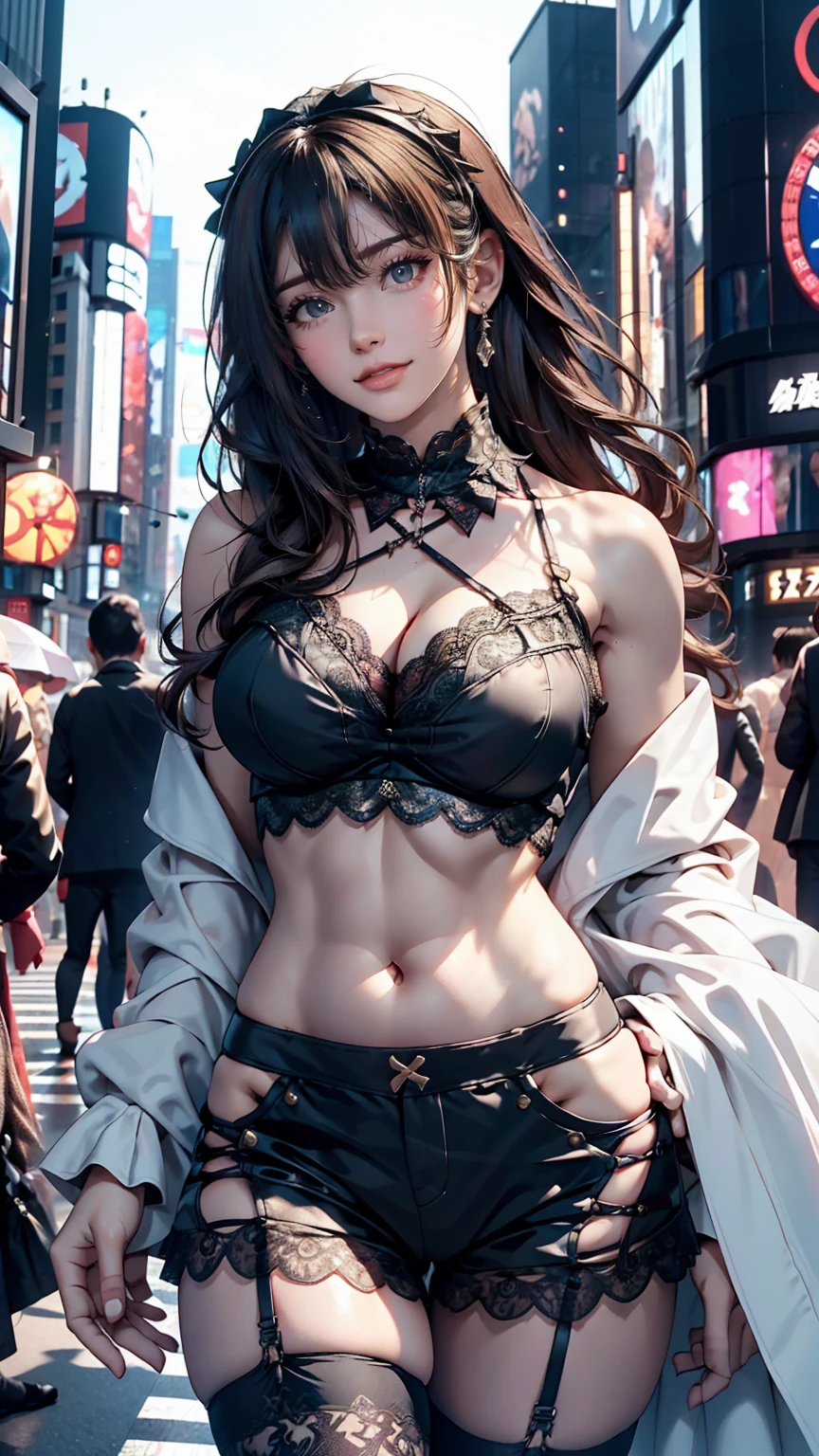 Mature Caucasian Woman、Sexy Gothic Lolita Fashion、Shibuya Scramble Crossing、smile、Mini length、Too much exposure、Exposed thighs、I can see my belly button、Lace decoration、Sexy、Low rise、Don't wear shorts