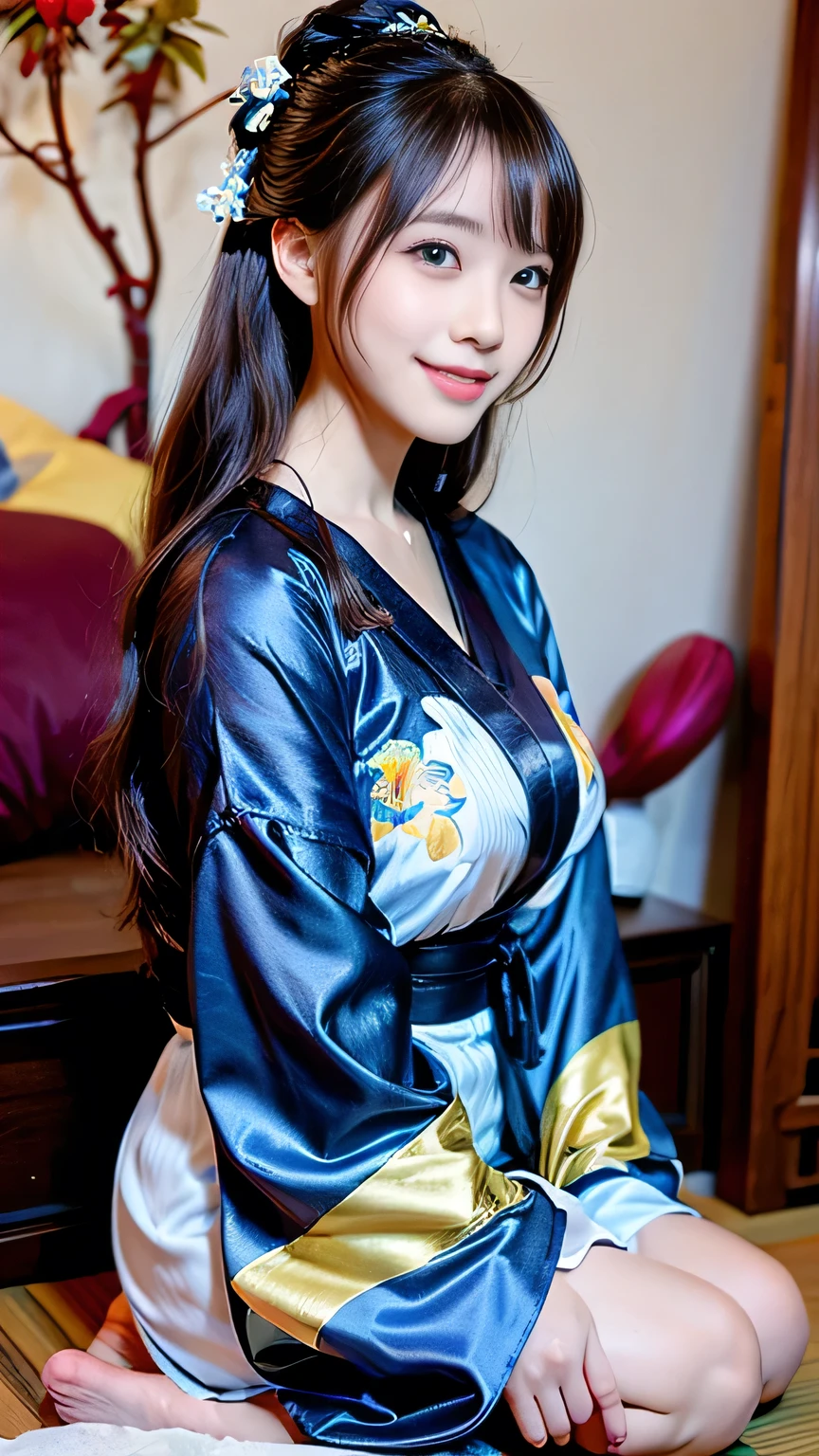 Araffe asian woman in a blue and gold kimono sitting on a bed - SeaArt AI