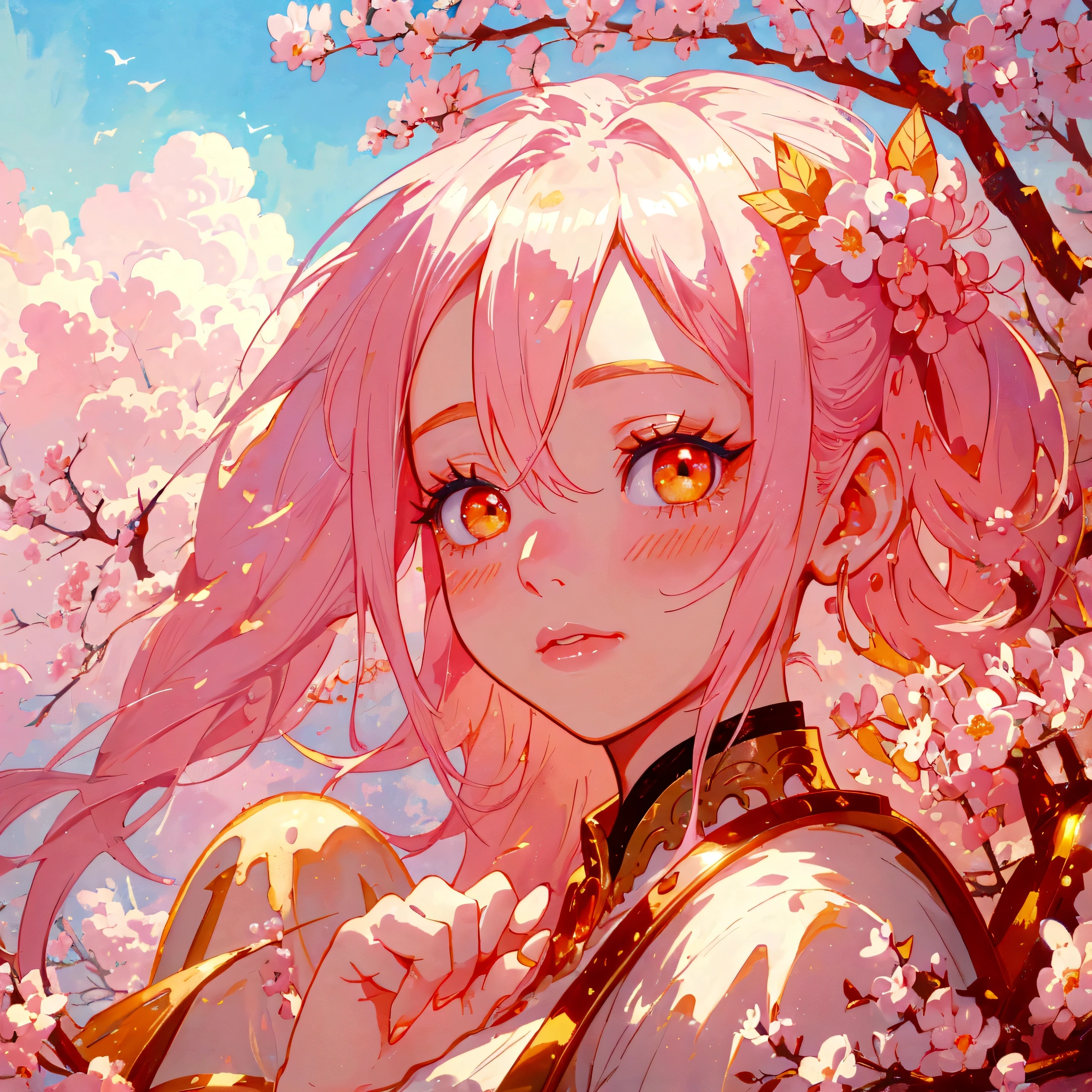 Close-up of a beautiful girl with pink hair and golden eyes,Double ponytails,Long eyelashes,Golden eye shadow,A light blush on the lips。Her hands touch her face,Her fingers are slender,And beautiful long nails。Pastel colors are used for surreal portraiture and fantasy illustrations。Ethereal background provides a cute cartoon design,Gently illuminates the dreamlike picture,Digital art technique showing detailed brush strokes in high resolution in the style of a fantasy illustrator