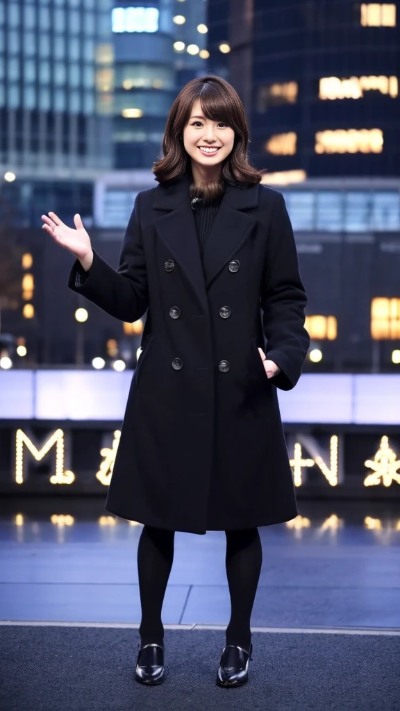 Full-body photo of a cute Japanese weather forecaster wearing a black pantsuit and coat,Medium Hair, pumps,A girl broadcasting live with a microphone in both hands,Broadcasting with a microphone outdoors in Tokyo in winter,Standing in front of Tokyo Station,wearing pumps and black tights,masterpiece
