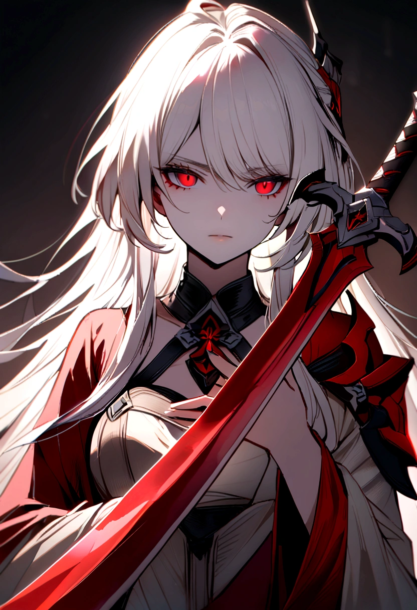 woman with white hair with red streaks, a neutral facial expression, detailed red eyes, holding a large red sword, in a dark place
