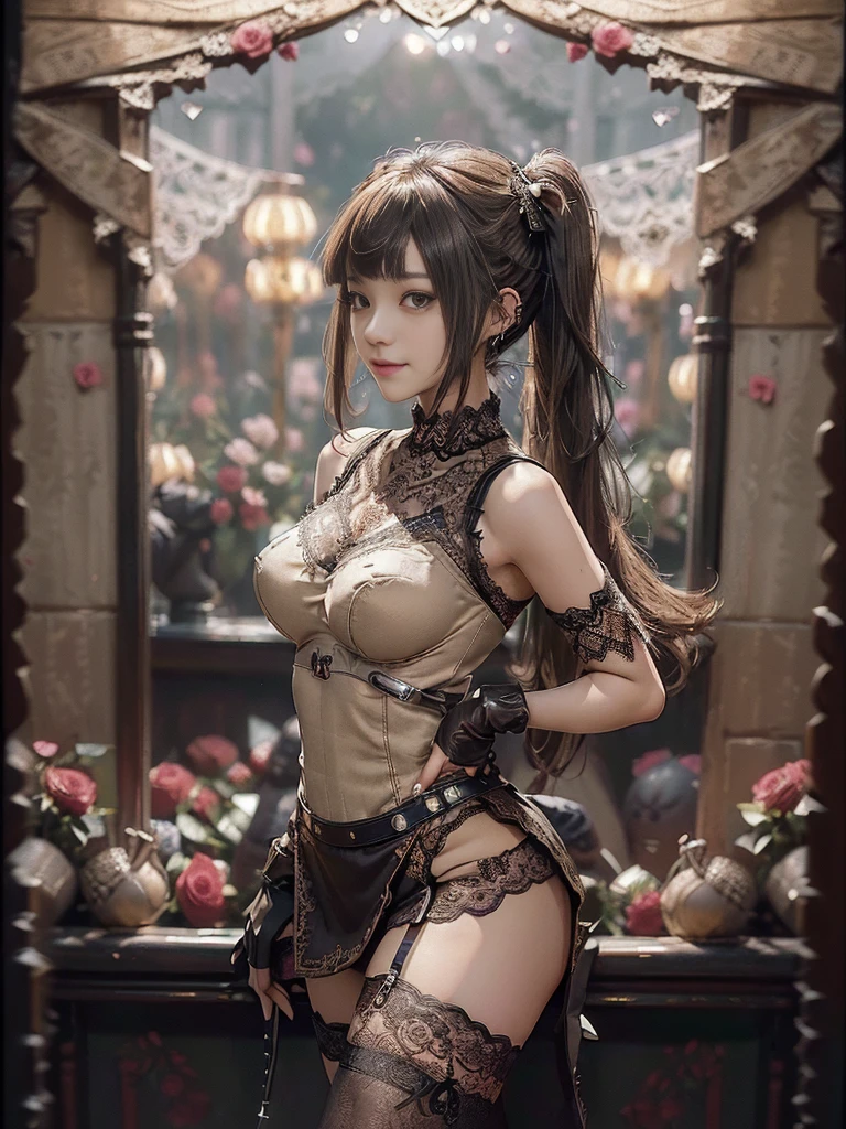 (Full Body View:1.2)、(Side view:1.1)、(Smiling with teeth showing:1.3),(Shibuya Gal:1.5)、(PLAYBOY girl:1.3)(Neo-goth style fashion:1.5)、(Idol Costumes:1.4)、(Medieval royal knitted miniskirt nightdress in wine, dark brown and beige with decorations:1.5)、(Black, brown and beige gloves and a Compression shirt:1.5)、(Denim high heels:1.3)、(Wearing silver accessories:1.5)、(Lace collar:1.4)、(Leather garter belt:1.4)、(Brown Skin Belt:1.3)、(Black lace underwear:1.5)、20-year-old、(Doing an aerobics pose:1.3)、((Highest quality、In 8K、masterpiece:1.3))、Sharp focus:1.2、(Layered Cut、Huge boobs:1.1),Beautiful woman with perfect figure:1.4、(Dancing vigorously:1.3)、Slender Abs:1.2、Highly detailed face and skin texture、Detailed eyes、double eyelid,(Twin tails:1.3)、(Brown-golden hair:1.3)、Gravure idol、(The background is a VIP room of a high-class cabaret club surrounded by roses on a sunny day outdoors.:1.3)、(Slim body:1.2),(Thin thighs:1.4),（clavicle:1.1）