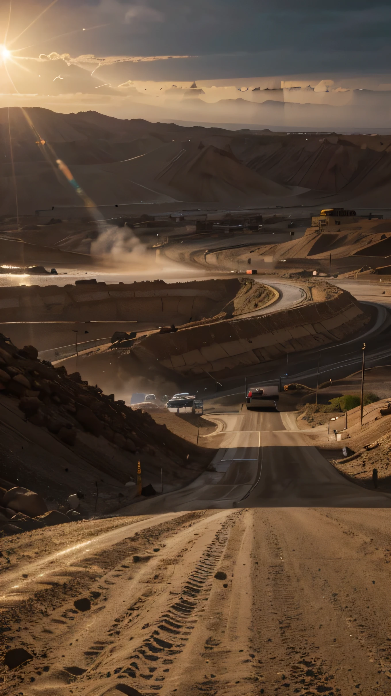 raw, empty road-valley, up-close, sand desert, construction site, workers, epic, absurdres, cinematic, dynamic view angle, volumetric lights, mist, cinematic, dutch angle, quarry, dust, volumetric lights, wet road after rain, mist, sunset, sun low on horizon, clouds