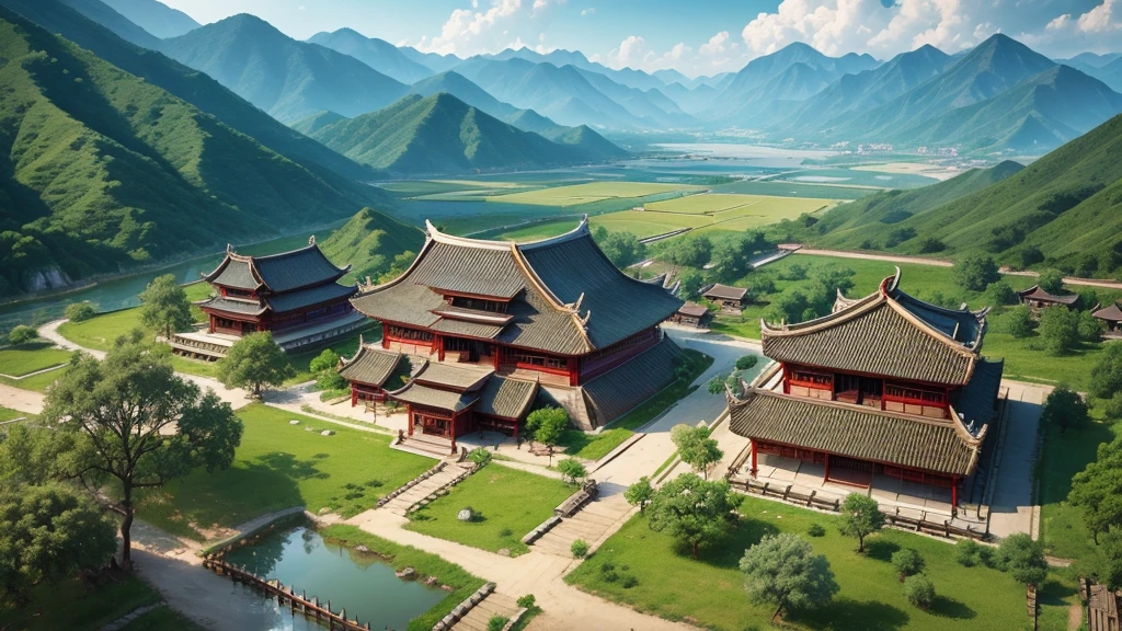 Chinese ancient village, Aerial view, Photorealistic photos, High definition, 8K