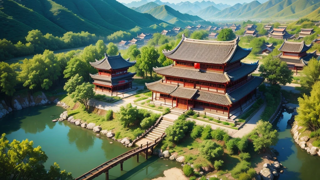Chinese ancient village, Aerial view, Photorealistic photos, High definition, 8K