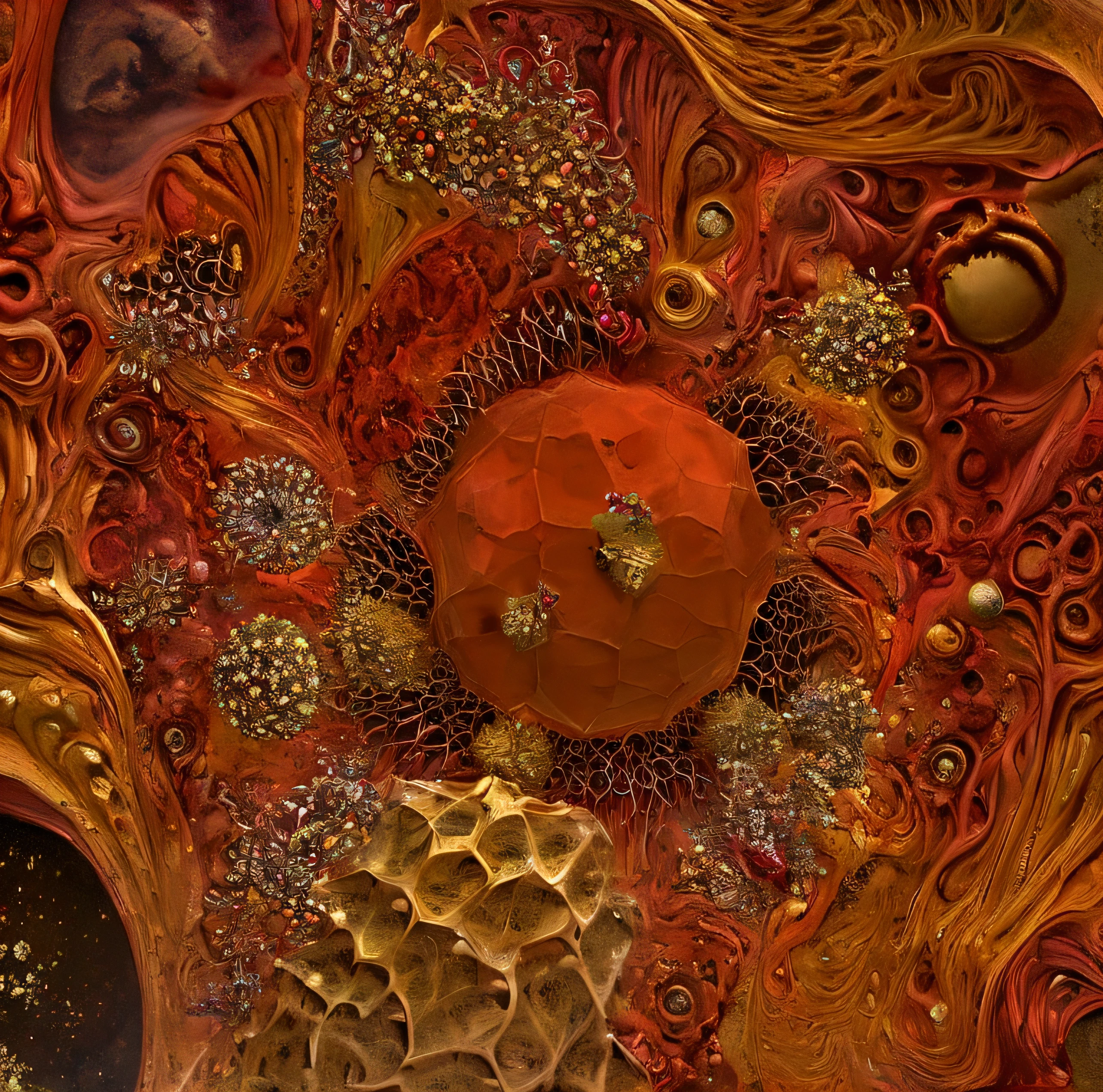 5+√(555×tan(15+15), fractal, Khorne,crimson, gold and black, organic matter, cellular colony, deep wiew,4k resolution,hyperdetailed, masterpiece, 3d modelling, abstract art, digital art