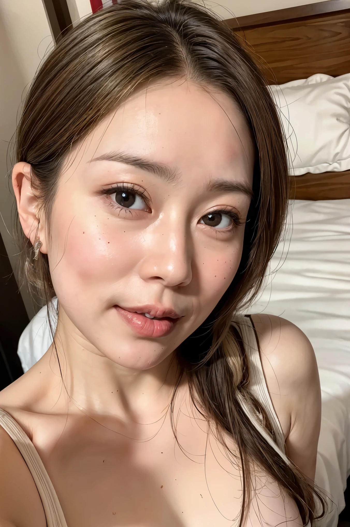 (Realistic:1.3、Ultra HD、Ultra-high resolution、8K、Japanese Housewife、寝室でBlowjobチオをするMature Woman:1.5、At the bed)、((Look Viewer:1.8))、(Extremely realistic skin texture:1.4)、(Realistic:1.3)、short hair、((Embarrassed expression:1.5))、(blonde:1.5)、48-year-old woman、Mature Woman、Ponytail Hairstyles、(Brown eyes:1.3)、(Face close-up:1.38)、(Sweaty:1.2)、(Nipplesを見せる)、((衣服から突き出たNipples,))、dress、美しいNipples、Nipples、(Shooting from the side:1.1)、Drooling、((Facial、Blowjob、Facial ejaculation、Bukkake))