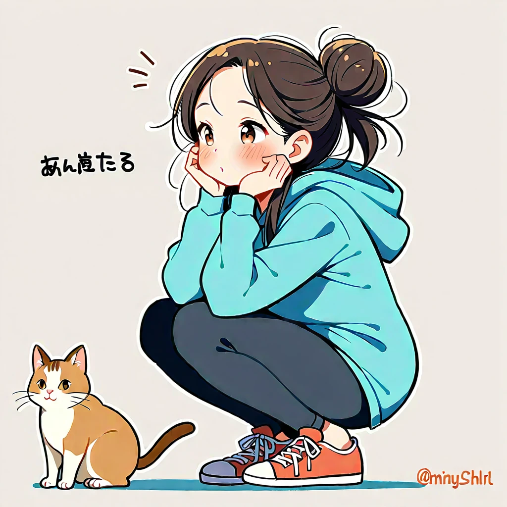 1 Girl, blush, Black Hair, Long sleeve, Brown eyes, shoe, Pants, hood, Hair Bun, from the side, hoodie, contour, animal, black Pants, Squat, single Hair Bun, Two cats,A long-haired cat，A fat cat， hood down, 运动shoe, 粉色shoe类, Put your hands on your face, Put your hands on your cheeks, blue hoodie