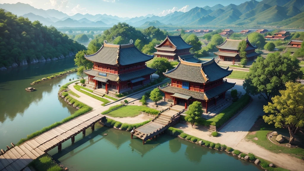 Chinese ancient village, Aerial view, Photorealistic photos, High definition, 8K