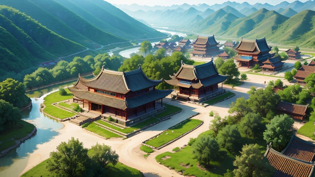 Chinese ancient village, Aerial view, Photorealistic photos, High definition, 8K