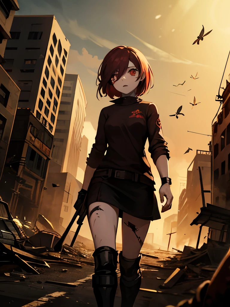 A young zombie girl, short black and red hair, eyes the color of dawn, deathly pale skin, a tattered , in the background a swarm of insects and an abandoned apocalyptic city.