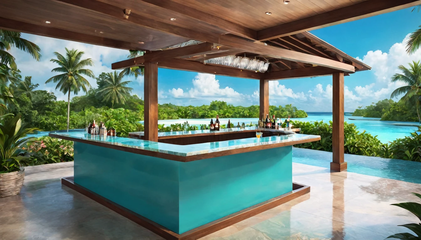 Create a digital illustration of an outdoor bar situated on an island in the middle of a resort hotel's pool. The bar is positioned front and center, showcasing a sleek, modern design with a polished wood and marble counter. Comfortable bar stools surround the counter, and the bar is adorned with tropical plants and decorative lighting. The clear, turquoise pool water surrounds the island, reflecting the vibrant blue sky. Guests are enjoying colorful cocktails while relaxing in the serene, upscale atmosphere of the resort.