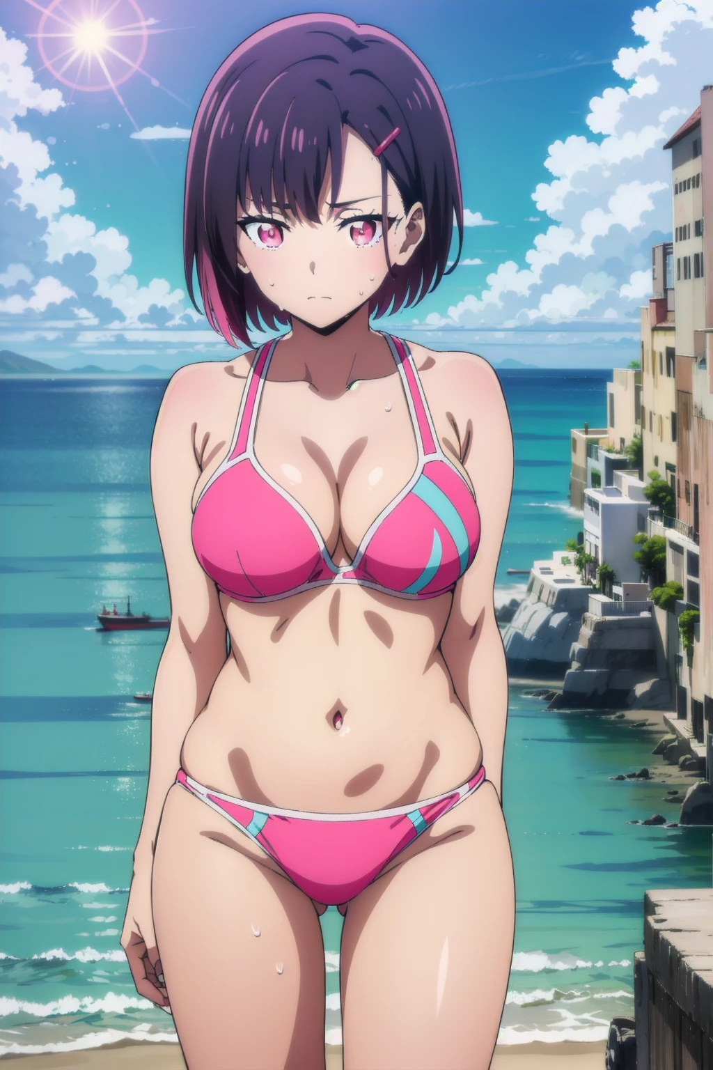 shizukamikazuki,
shizuka mikazuki, short hair, purple hair, hair ornament, hairclip, (pink eyes:1.5), swept bangs, looking at the viewer, blue theme, blue background, cloudy sky, sunlight, sweat, orgasmic, bikini swimsuit, medium breasts, cleavage, belly button exposed, collarbone, thighs, sea and beach,