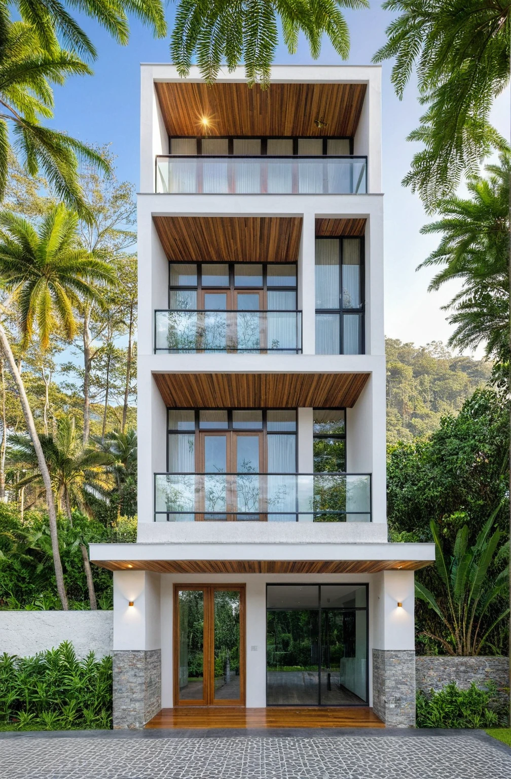 A 2-story house in Da Lat, captured in crisp morning light. This modern abode showcases a mix of white paint, expansive glass, concrete and wooden accents, surrounded by greenery and stone details. Crafted by Vo Trong Nghia, the house exudes a peaceful and elegant space, perfectly suited to its landscape location.