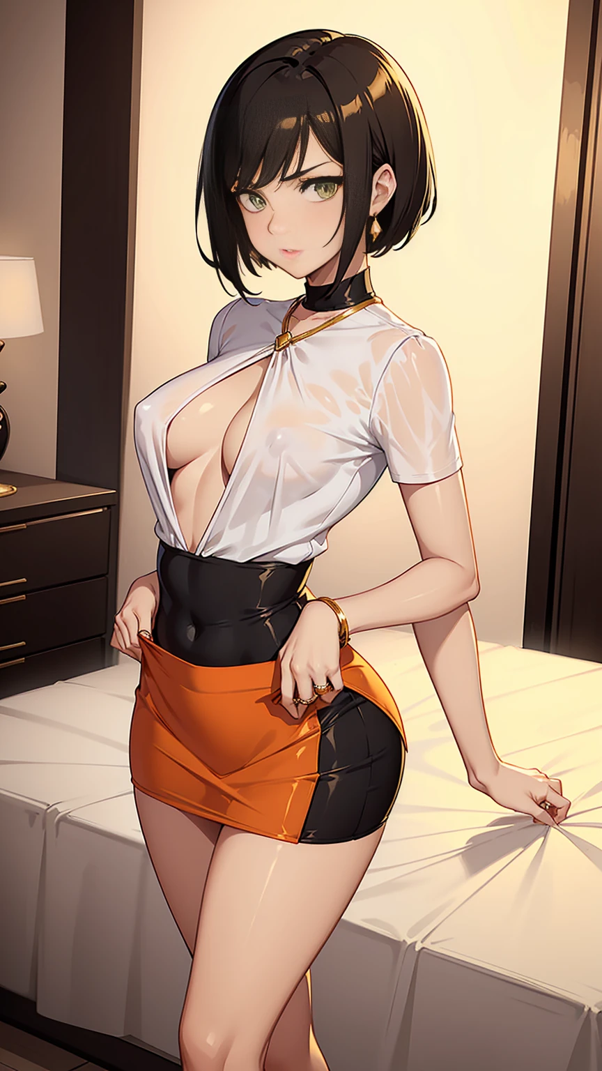 Beautiful woman with short straight black hair with green eyes wearing Orange Tight Skirt, Sexy Criss Cross Mock Neck Short Sleeves White Blouse, luxurious jewelry, 18k gold wedding ring on left hand, standing in her bedroom at night, (caucasian skin), (light brown lipstick), (elegant mascara), (slim body), (small breasts), (wide hips), midjourney, <lora:GoodHands-, <lora:GoodLegs-, UHD, high resolution, (expressive eyes, perfect face, full body, expressive face, perfect body, perfect pussy, athletic, fit, slim body, blushing, Perfect makeup, eyeliner, beautiful eyelashes, smiling, horny face), ((best illumination, best shadows)), ((sexy pose))