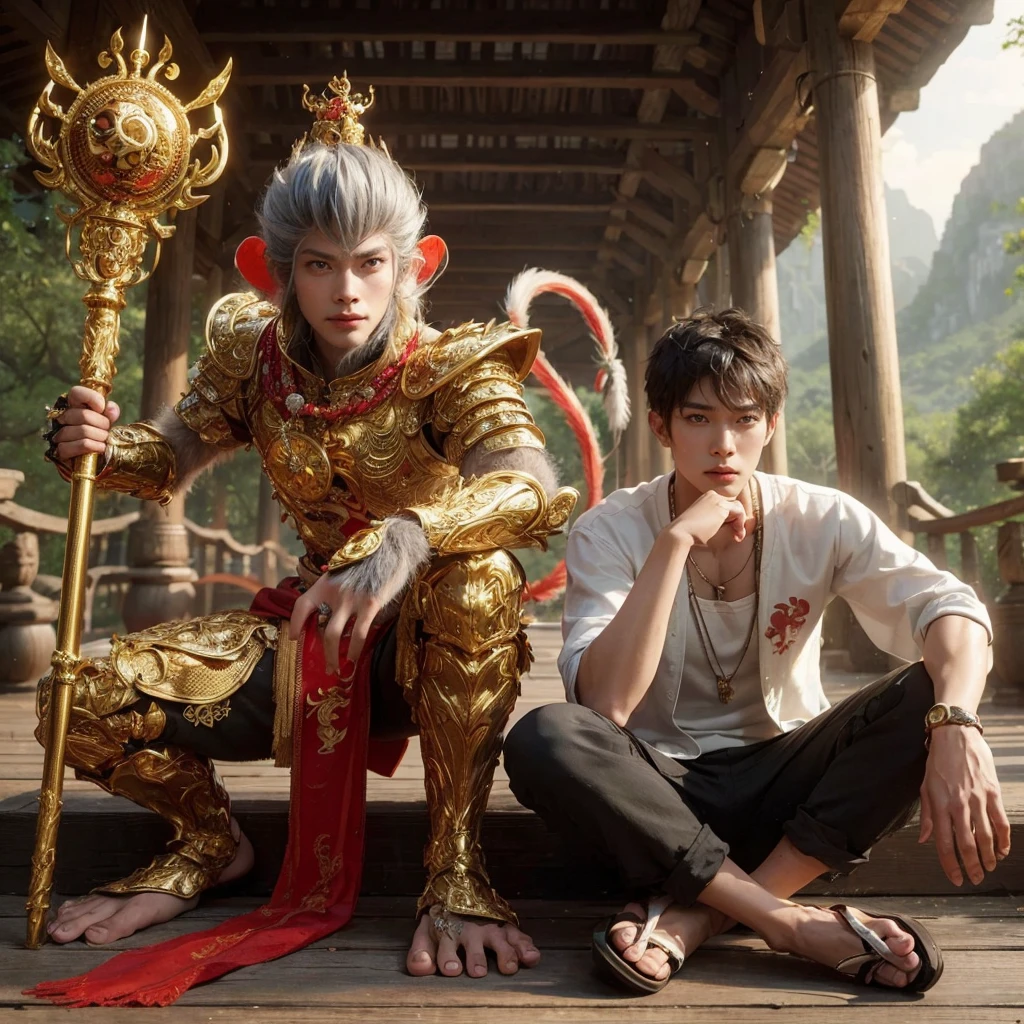 3d hyper realistic A Chinese fantasy film, young monkey king, was squatting while holding a large golden stick . beautiful golden armor and a long red cloak, glowing red eyes.next to him was a 25 year old Asian man with short and spiky hair wearing a white koko shirt, black trousers and sloping sandals, sitting cross-legged and daydreaming., the background of a tree house with a cool view. An epic scene with incredibly intricate details, cinematic, 4k,ultra realistic
