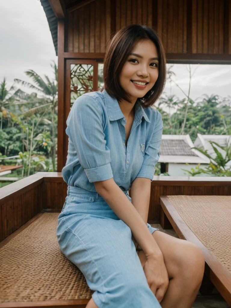 Mina, 1girl, solo, realistic, photorealistic, high quality picture, 8k, high resolution, detailed quality, film grain, natural photo, ultrarealistic, (((25-years-old))), ((detailed wrinkles in her face)), FILIPINA, (Background: Indonesian), (((SLIM))), ((THIN)), (Slender) (Auburn Short hair)), Light smile, fully clothed, Pose: Sitting, ((sitting on her patio in her house in Indonesia)), sunrise, full shot