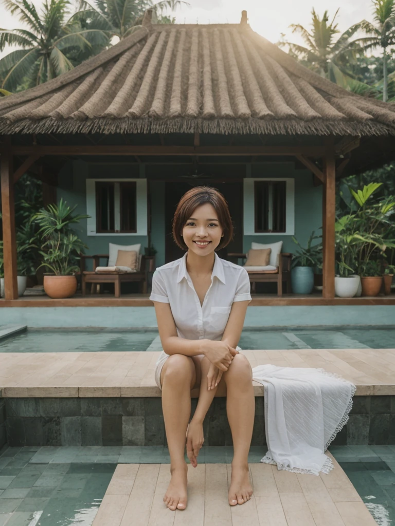 Mina, 1girl, solo, realistic, photorealistic, high quality picture, 8k, high resolution, detailed quality, film grain, natural photo, ultrarealistic, (((25-years-old))), ((detailed wrinkles in her face)), FILIPINA, (Background: Indonesian), (((SLIM))), ((THIN)), (Slender) ((auburn hair)), Light smile, fully clothed, Pose: Sitting, ((sitting on her patio in her house in Indonesia)), sunrise, full shot