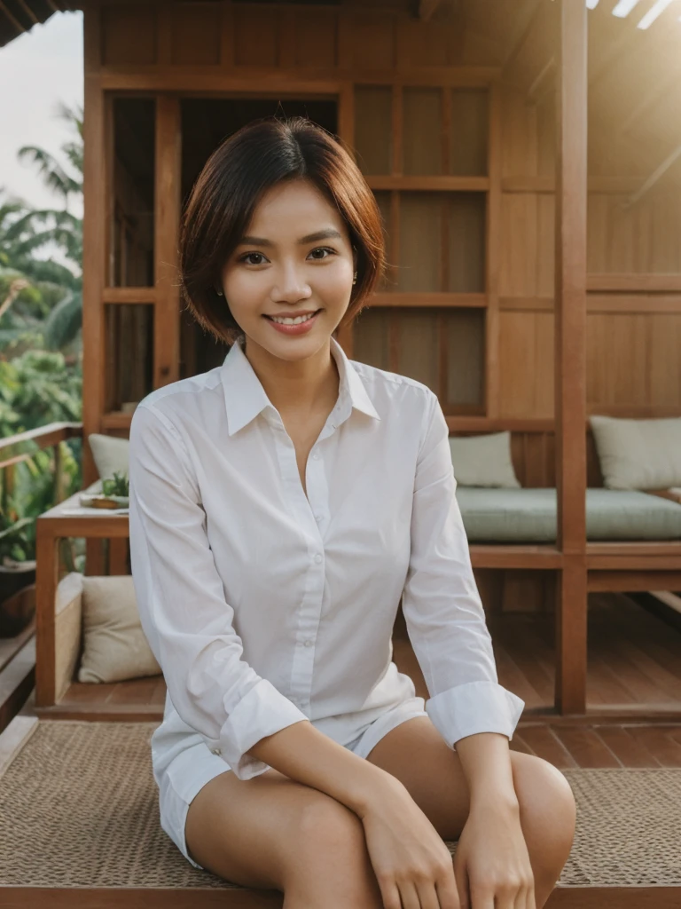 Mina, 1girl, solo, realistic, photorealistic, high quality picture, 8k, high resolution, detailed quality, film grain, natural photo, ultrarealistic, (((25-years-old))), ((detailed wrinkles in her face)), FILIPINA, (Background: Indonesian), (((SLIM))), ((THIN)), (Slender) (Auburn Short hair)), Light smile, fully clothed, Pose: Sitting, ((sitting on her patio in her house in Indonesia)), sunrise, full shot