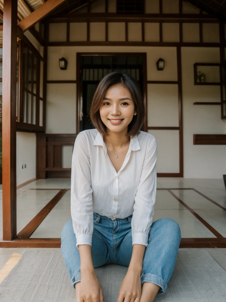 Mina, 1girl, solo, realistic, photorealistic, high quality picture, 8k, high resolution, detailed quality, film grain, natural photo, ultrarealistic, (((25-years-old))), ((detailed wrinkles in her face)), FILIPINA, (Background: Indonesian), (((SLIM))), ((THIN)), (Slender) (Auburn Short hair)), Light smile, fully clothed, Pose: Sitting, ((sitting on her patio in her house in Indonesia)), sunrise, full shot