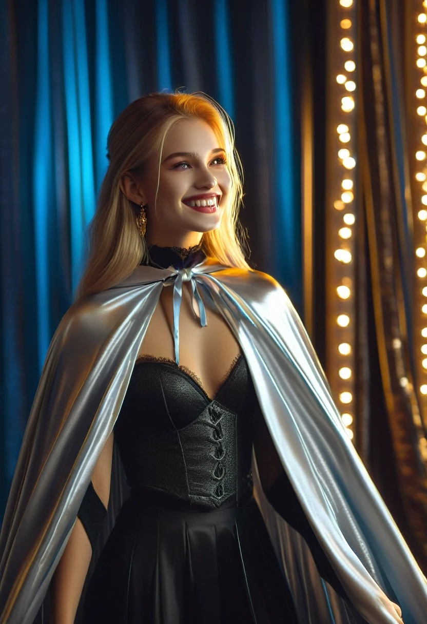 Vampyfangs1 , (RAW photo) , 1girl, cute, 20 years old, long blonde hair , smiling, look at viewer, ((((silver satin cape tied at the neck)))+++, side spilt skirt , photo, realistic, best quality, hires, detailed face, detailed background, diffused lighting, depth of field, bokeh